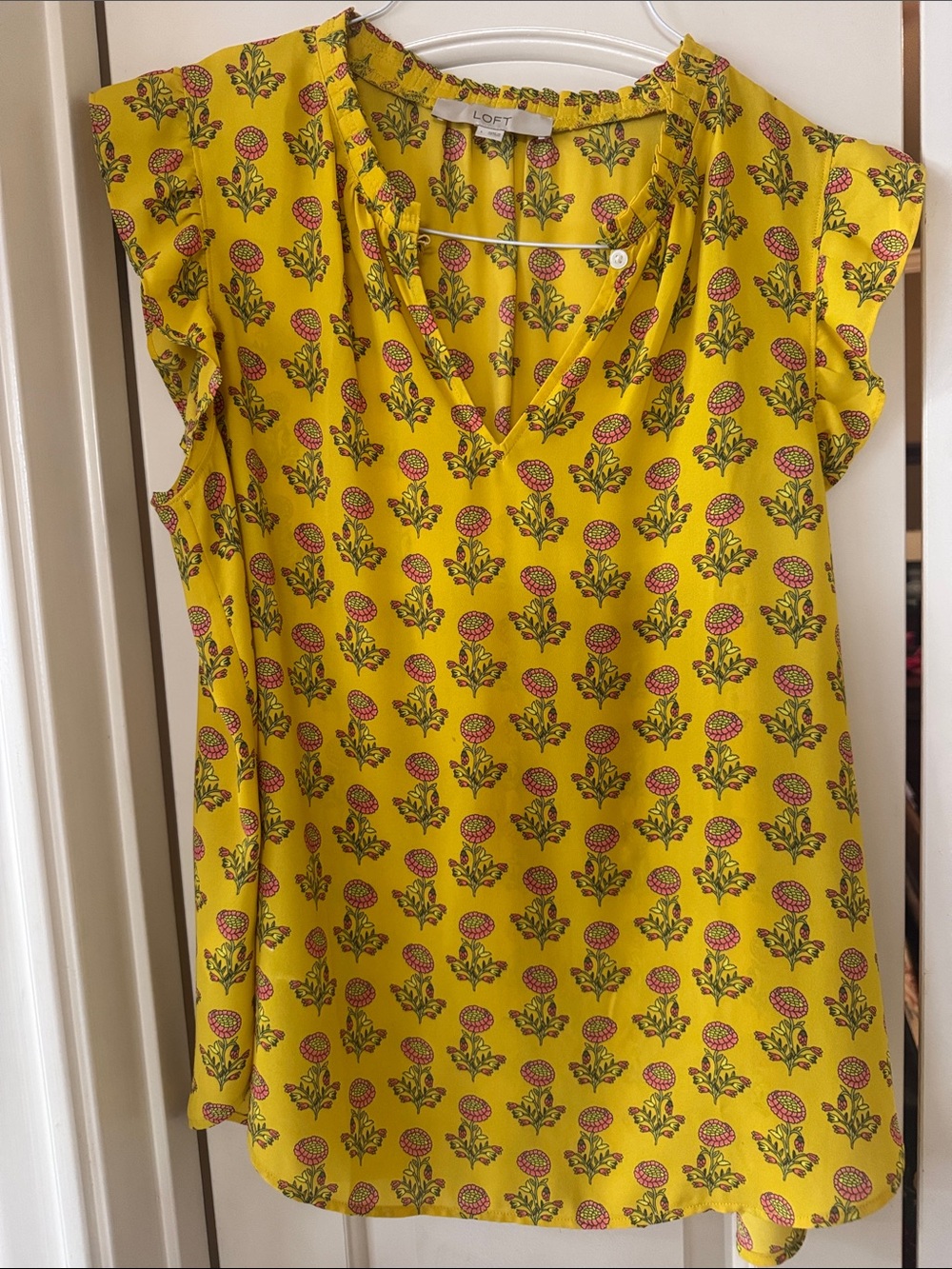 LOFT Yellow Floral V-Neck Flutter Sleeve Blouse
